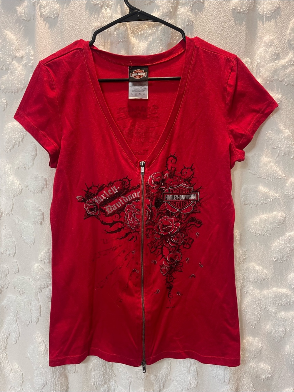 Harley Davidson red zip up top with rose design and black rhinestones